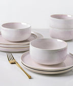 TheTerra Ceramic Dinnerware Sets for 4, 12 Pieces Handmade Reactive Glaze Plates and Bowls Set, Scratch Resistant Dish Set, Oven & Microwave & Dishwasher Safe, Primrose Pink