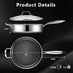 12 Inch Frying Pan Nonstick with Lid, 5.6QT Hybrid Ceramic Deep Saute Pan & Skillet, Tri-Ply Stainless Steel for Even Heat, PFOA/PFOS Free, Induction & Oven Safe