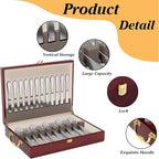 Wooden Silverware Storage Box With Lid, Cutlery Case With Handle & Felt Lined, Silver Flatware Chest for 12 Sets of Utensil for Forks, Knives, Spoons, Kitchen and Dining Organizer, Brown