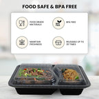 Klex 32 Oz, 150 Sets 2 Compartment Meal Prep Containers with Airtight Lids, BPA Free, Reusable Plastic Food Container, 32 oz, Rectangular, Black/Clear, 150 Sets