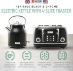 Haden Heritage 4 Slice Wide Slot Stainless Steel Toaster Bundled with 1.7 Liter Stainless Steel Electric Water Kettle, Black & Chrome