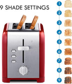 Kenmore toaster 2 slice - extra wide slot countertop kitchen appliance, defrost function, tostador de pan, compact design, easy clean crumb tray, bread bagel, 9 shade settings, stainless steel & Red