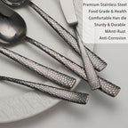 Large Hostess Serving Utensils Set, Stainless Steel Heavy Duty Hammered Serving spoons, Slotted Spoons, Serving Fork, Cake Server, Butter Knife, Dishwasher Safe（Black）
