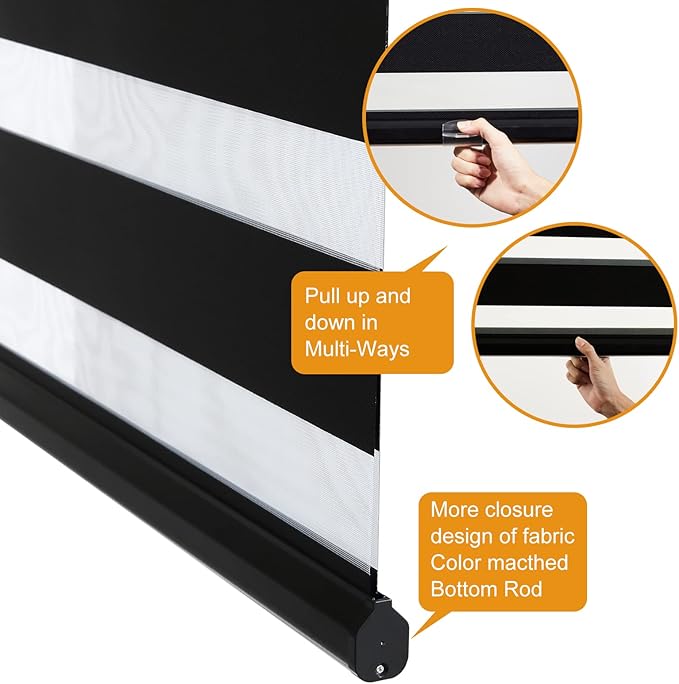 Persilux Cordless Zebra Blinds for Windows (34" W X 64" H, Black) Free-Stop Windows Shades Dual Layer Light Control for Day and Night, Light Filtering Sheer Shades for Home, Easy to Install