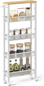 VASAGLE Slim Rolling Cart, 5-Tier Storage Cart, Narrow Cart with Handle, 5.1 Inches Deep, Metal Frame, for Kitchen, Dining Room, Living Room, Home Office, Oak Beige and Classic White ULRC034W09