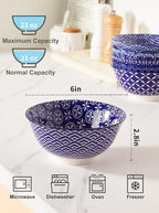 Ceramic Cereal Bowls, 23 Oz Blue and White Bowls, Porcelain Soup Bowl Set for Salad, Dessert, Pasta, Ice Cream,Set of 6