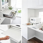 YAMAZAKI Home Tower Kitchen Countertop Organizer Appliance Stand with Drawer and Pull-Out Shelf – Steel Microwave Stand with Drawer, Modern Countertop Shelf Organizer, White, Space-Saving Design