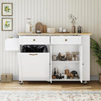 60'' Rolling Kitchen Island with Drop Leaf, Storage Islands Cart with Tilt Out Trash Can Cabinet, Rubber Wood Tabletop, Knife Holder, Wheels, White