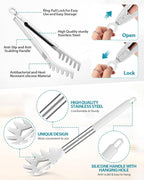 Spaghetti Spoon and Pasta Tong, Non-stick Silicone Spoon Server Fork with teeth and Stainless Steel Handle Spaghetti Tong, Food Clip for Spaghetti Noodle, White