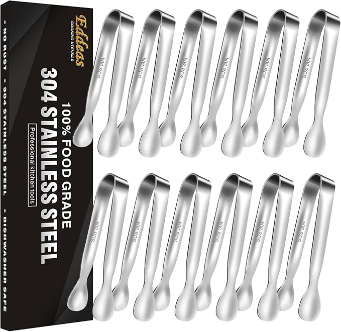 Mini Tongs For Serving Food，Set fo 12 Small Tongs For Appetizers，Small Stainless Steel Metal Cooking Tong，for Tea Party Coffee Bar, 4 inch Sugar Tong - Silver