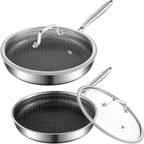 8-10 Inch Non Stick Frying Pans, Ceramic Coating NonStick Stainless Steel Pan Set, Tri-Ply Skillets and Pan Set with Lid, Cool-Touch Handle, Dishwasher and Oven Safe