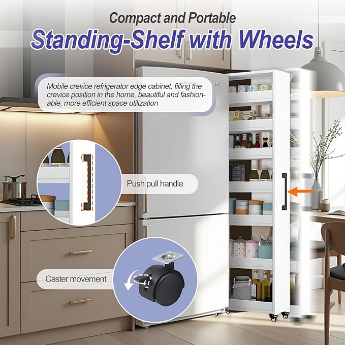7-Tier Slim Storage Cart, Wooden Rolling Pantry Cabinet with Wheels, Narrow Shelf Organizer for Kitchen, Bakers Rack, Dining Room, Closet, Small Spaces Teak 47.2" H*5.9" W*16.9" D