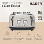 Haden Dorset 4 Slice Wide Slot Stainless Steel Toaster with Adjustable Browning Control & Non-Slip Feet, Putty & Chrome