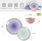 Selamica Ceramic Dinnerware Sets for 6, 18 Pieces Plates and Bowls Set, Scratch Resistant Dishes Set, Handpainted Swirl with Spot Dishwasher & Microwave Safe, Gradient Color