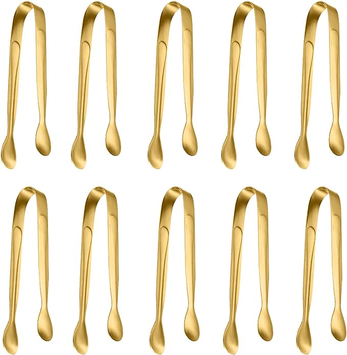 10 Pack Small Ice Tongs Sugar Tongs, Stainless Steel Mini Serving Appetizers Tongs for Party Coffee Tea Wine Bar Kitchen (Golden)