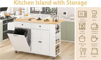 60'' Rolling Kitchen Island with Drop Leaf, Storage Islands Cart with Tilt Out Trash Can Cabinet, Rubber Wood Tabletop, Knife Holder, Wheels, White
