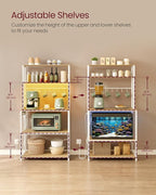VASAGLE Coffee Bar with LED Lights, Kitchen Bakers Rack with Power Outlet, Microwave Stand with Adjustable Shelves, 8 Hooks, 15.7 x 31.5 x 65.7 Inches, Golden Oak and Matte White UKKS050Y01