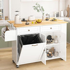60'' Rolling Kitchen Island with Drop Leaf, Storage Islands Cart with Tilt Out Trash Can Cabinet, Rubber Wood Tabletop, Knife Holder, Wheels, White