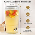 2-PACK Capri Drink Dispenser - Glass Beverage Dispenser, 100% Leakproof Spigot Perfect For Parties And Daily Use Lead-Free Glass, Beautiful Design, 1.8 Gallon