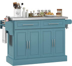 HOMCOM Rolling Kitchen Island Cart with Wheels, Portable Island Table for Kitchen with Stainless Steel Top, Adjustable Shelves, 2 Drawers, Spice, Knife and Towel Rack, Teal Blue