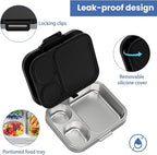 Stainless Steel Bento Lunch Box for Kids | 3-Compartment Lunch Box Container Kids | 100% Leakproof, Eco-Friendly, Perfect Portion Control for Kids&Adult Healthy Meals (Black)