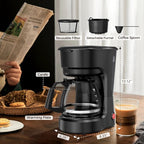 Small 5-Cup Coffee Maker, Drip Coffee Machine with Food-grade Glass Carafe, Always Keep Warm with Manual Switch, Delay Brew, 25oz Water Reservoir, Compact for Home/Office/RV/Travel/Outdoor - Black