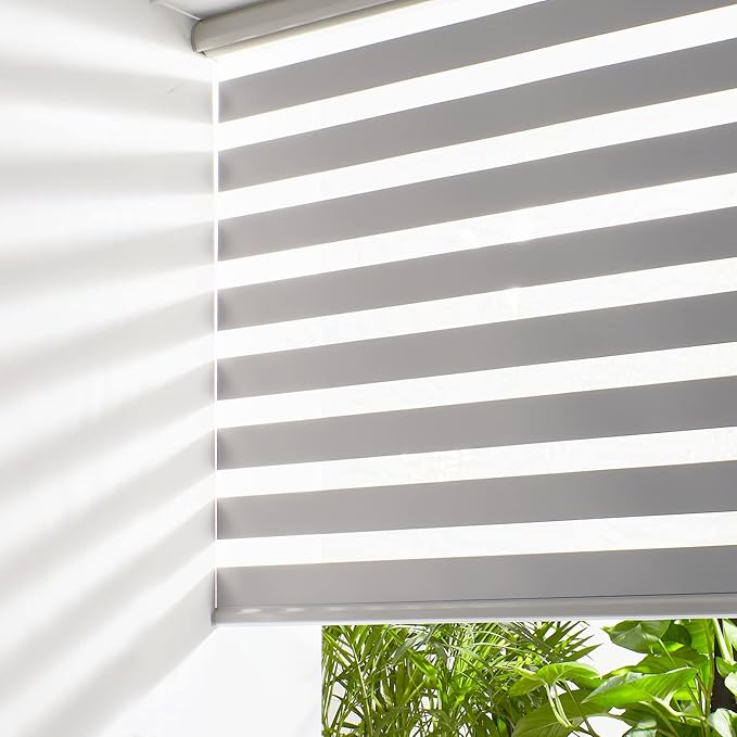 Persilux Cordless Zebra Blinds for Windows Free-Stop Roller Window Shades (47" W X 64" H, Grey) Dual Layer Light Control for Day and Night, Light Filtering Sheer Shades for Home, Easy to Install