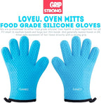 Kitchen Oven Gloves - Dual-Layer Heat Resistant Grilling Gloves, Silicone Oven Mitts with 5 Fingers, Waterproof Non-Slip Pot Holder for Barbecue, Cooking, Baking (Small, Blue)