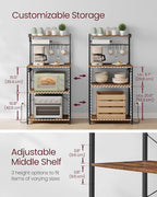 VASAGLE Kitchen Bakers Rack with Power Outlet, Coffee Bar 4-Tier with 8 S Hooks, Microwave Stand, Adjustable Shelf, for Small Spaces, Rustic Brown and Ink Black UKKS014K01V1