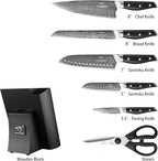 Damascus Knife Set with Block for Kitchen, VG10 Damascus Steel Kitchen Knife Set with Triple Rivet Handle, Chef Knife Set with Shears & Wooden Block, 7PCS