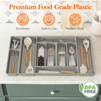 Lifewit Silverware Organizer, Plastic Kitchen Utensil Drawer Tray, Cutlery Flatware Storage Holder for Spoons Forks Knives, 28 x 16 Inches, 10 Compartment, Gray
