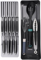 Linoroso Knife Drawer Organizer With In-Drawer Knife Block for 9 Knives, Kitchen Utensil Organizer, BPA Free Secure Storage Tray for Countertop Organization