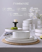 Famiware Nebula Plates and Bowls Sets, 18 Pieces Dinnerware Sets, Dishes Set for 6, White with Black Rim
