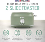 Haden Dorset 2 Slice Wide Slot Stainless Steel Toaster with Adjustable Browning Control & Non Slip Feet, Cedar Green & Chrome