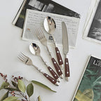 5-Piece Silverware Set, Stainless Steel Flatware Set, Service for 1, Vintage Cutlery Set with Wooden Color Bakelite Handle, Dishwasher Safe