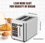 Touch Screen Toaster 2 Slice, Stainless Steel Toasters Digital Timer 2 Slot Toasters, 6 Shade Settings 6 Bread Types for Bagel,Defrost（304 Stainless Steel）