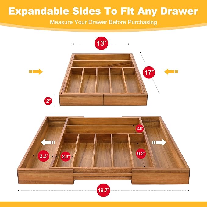 Large Premium Acacia Silverware Organizer - Expandable Drawer Organizer & Utensil Organizer - 17"x19.7" Cutlery Tray with Dividers for Kitchen Utensils and Flatware (7-9 Slots) Acacia
