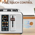 SEEDEEM Toaster 4 Slice, Full Touch control Toaster, LCD Display, 6 Bread Type, 7 Shade Settings, 1.4''Wide Slots，More Time Function, Removable Crumb Tray, 1800W, Silver Metallic