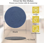 SHACOS 8 Inch Trivets for Hot Dishes, 4 Pcs Cotton Trivets Mats for Kitchen, Hot Pads for Countertops and Table, Heat-Resistant Pot Holders for Hot Pots and Pans(Blue+Dark Grey)