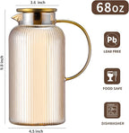 2 PACK Glass Pitcher with Lid, 68 oz/ 2 Liter Amber Classic Vertical Stripes Water Pitcher,Glass Water Carafe for Cold Brew, Coffee, Lemonade, Iced Sun Tea,Beverage, Heat Resistant