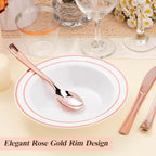 100 Pack Disposable Soup Bowls with Rose Gold Rim, 12oz Premium Heavy Duty Plastic Dinner Bowls for Party, Wedding and Holiday