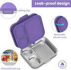 Stainless Steel Bento Lunch Box for Kids | 3-Compartment Lunch Box Container Kids | 100% Leakproof, Eco-Friendly, Perfect Portion Control for Kids&Adult Healthy Meals (Purple)