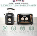 Haden Dorset 1.7 Liter Stainless Steel Electric Kettle with 360-Degree Base Bundled with 4 Slice Wide Slot Stainless Steel Toaster, Black & Copper