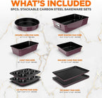 NutriChef 8-Piece Nonstick Stackable Bakeware Set - PFOA, PFOS, PTFE Free Baking Pan Set w/Non-Stick Coating, 450°F Oven Safe, Round Cake, Loaf, Muffin, Wide/Square Pans, Cookie Sheet (Plum)