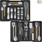 Lifewit Silverware Drawer Organizer and Utensil Organizer Set, Expandable Cooking Cutlery Tray for Kitchen, Adjustable Plastic Flatware Holder Storage Divider for Spoons Forks Knives, Large, Black