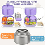 Bento Lunch Box with 12oz Soup Thermo,4 Compartments Lunch Box Containers, Spoon&Sauce Jar, BPA Free&Leak proof,Insulated Food Jar for Travel(Purple)