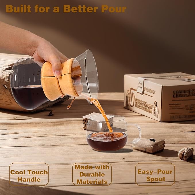 Pour Over Coffee Maker with Reusable Stainless Steel Drip Filter, Lead-Free Borosilicate Glass Coffee Carafe with Modern Wooden Collar for 1-4Cup, Circular Clear (600ml/20oz)