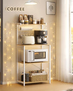 VASAGLE Kitchen Bakers Rack with Power Outlet, Coffee Bar 4-Tier with 8 S Hooks, Microwave Stand, Adjustable Shelf, for Small Spaces, Golden Oak and Cloud White UKKS014Y01V1