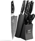 Damascus Knife Set with Block for Kitchen, VG10 Damascus Steel Kitchen Knife Set with Triple Rivet Handle, Chef Knife Set with Shears & Wooden Block, 7PCS
