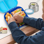 Bento Lunch Box for Kids with 12oz Soup Thermo,4 Compartments Lunch Box Containers Kids, Spoon&Sauce Jar, BPA Free&Leak proof,Insulated Food Jar for Travel((Blue)
